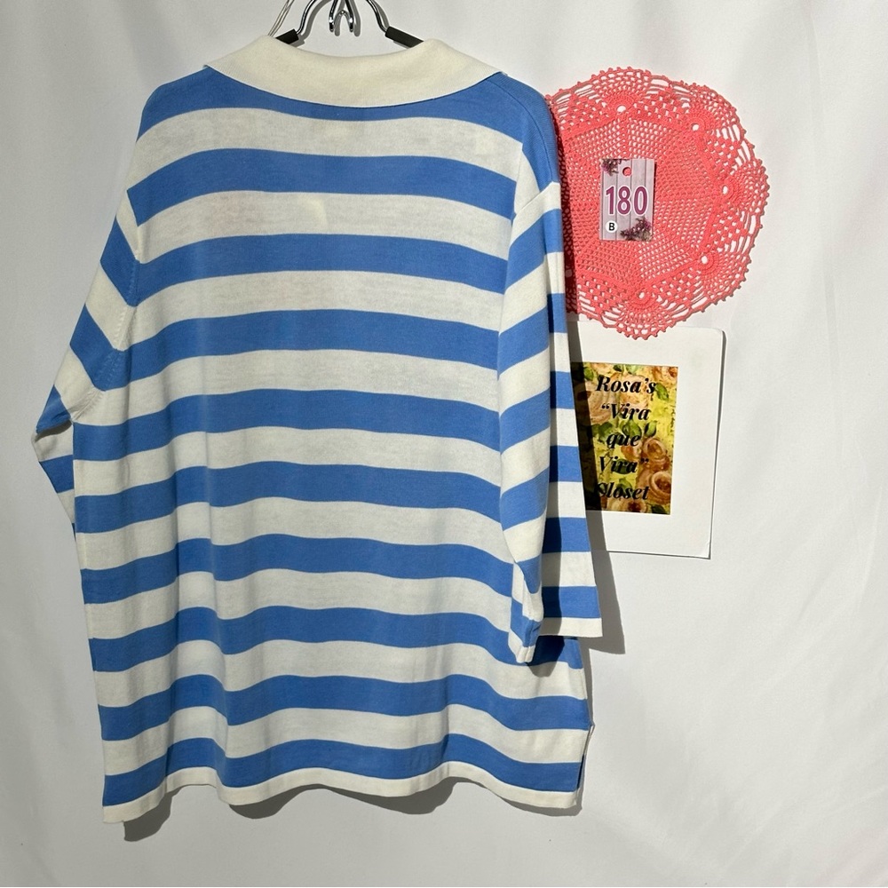 Bob Mackie Wearable Art Striped White and Blue 3 Button 3/4 Sleeve Sweater 3X - Picture 3 of 11